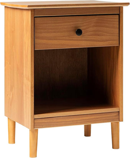 Walker Edison Traditional Wood 1 Drawer Nightstand Side Table Bedroom Storage Drawer and Shelf Bedside End Table, 18 Inch, Caramel
