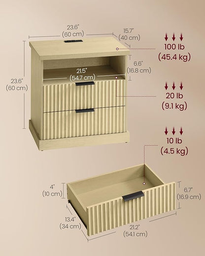 VASAGLE MAXE Collection - Nightstand with Charging Station, Bedside Table, Side End Table with 2 Drawers, Open Shelf, 2 AC Outlets, 2 USB Ports, Transitional, for Bedroom, Oak Beige ULET626Y01S
