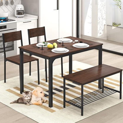 SogesHome Kitchen Table Set for 4, Compact Dining Table Chair Set with Bench, 4 Piece with Built-in Storage Racks, Metal Frame, for Apartment, Restaurant, Dark Brown