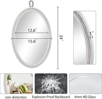 Farmhouse Wall Mirror Rope Mirror Decorative Mirror with Hanging Loop,Beach Nautical Mirror ,24 inches Lx16 inches W,Oval, White, Oval 24 inches Lx16 inches W