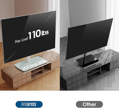 FITUEYES Universal TV Stand, Swivel TV Table Stand for 43 50-65 70 75 80 85Inch Flat Screen, Table Top TV Stand Base Replacement, Height Adjustable TV Mount Stand, Glass Base, Max Holds 110lbs