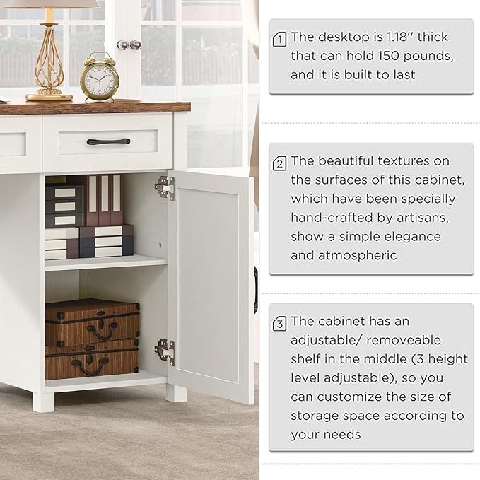 Farmhouse 47" Executive Desk, Computer Desk with 2 Drawers and Storage Cabinet, Home Office Desk with Hutch, Charging Hub, Workspace for Work and Study, Antique White