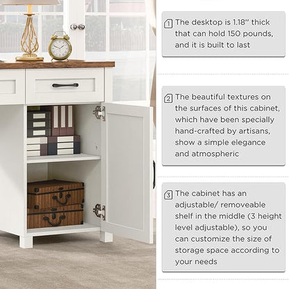 Farmhouse 47" Executive Desk, Computer Desk with 2 Drawers and Storage Cabinet, Home Office Desk with Hutch, Charging Hub, Workspace for Work and Study, Antique White