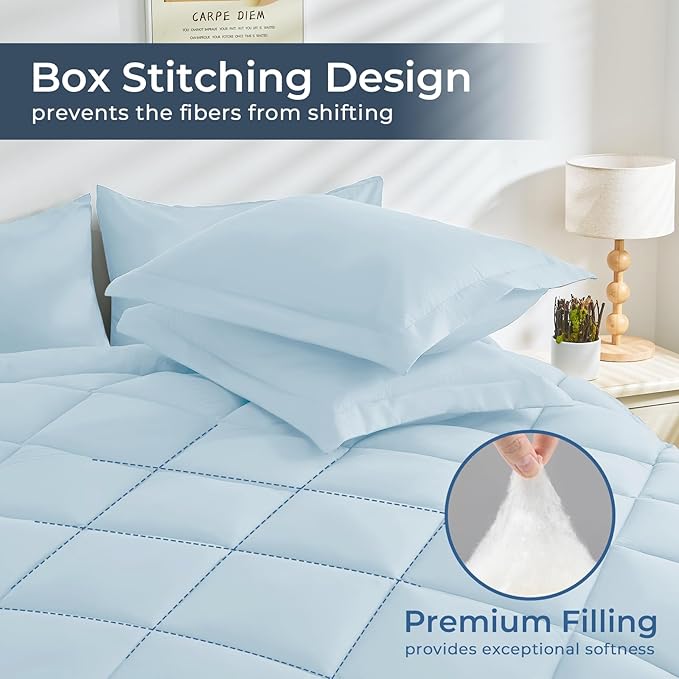 HEVUMYI Full Comforter Set - 7-Piece All Season Bed in a Bag Full, Ultra Soft Bedding Set with Comforter, Flat Sheet, Fitted Sheet, Pillowcases, Pillow Shams, Greyish Blue