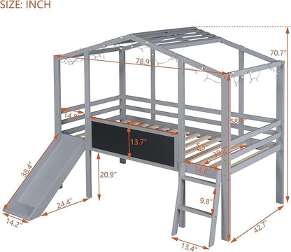 Ball & Cast Twin Size House Loft Bed with Ladder and Slide,Wood Bunkbed w/Blackboard and Light Strip on The Roof,Slat Support,Space Saving,Bedroom Furniture for Student Dorms,Gray