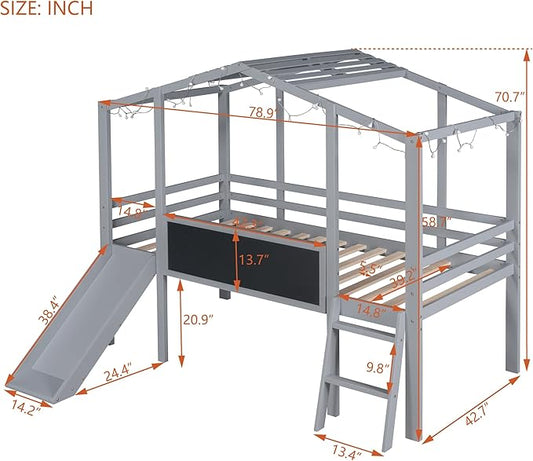 Ball & Cast Twin Size House Loft Bed with Ladder and Slide,Wood Bunkbed w/Blackboard and Light Strip on The Roof,Slat Support,Space Saving,Bedroom Furniture for Student Dorms,Gray