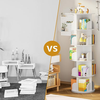 jxgzyy 5 Tier Rotating Bookshelf 62.6x18.1x18.1 Inch Corner Book Shelf 360° Display Spinning Bookcase Space-Saving for Bedroom, Living Room, Study, White