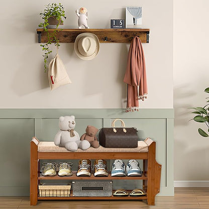 Shoe Storage Bench for Entryway, Bamboo Entryway Bench with Hidden Drawer and Side Brackets,2-Tier Shoe Rack Organizer for Entryway, Hallway,Bedroom and Bathroom