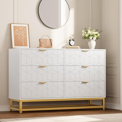 GAOMON White Dresser for Bedroom,Modern 6 Drawer Double Dresser with Gold Handles,Long Storage Organizer for TV Stand & Closet,Large Chest of Drawers for Living Room,Hallway,Entryway