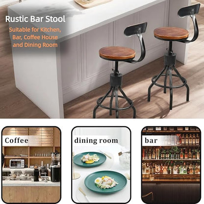 Set of 2 Vintage Bar Stool- Industrial Swivel Kitchen Dining Chair-Counter Height 23-33"-with Backrest