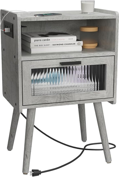 SOOWERY Mid Century Modern Nightstand with Charging Station, Bedside Tables with Acrylic Drawer, End Table Side Table with 2 Tiers Storage Space, for Bedroom, Living Room, Light Grey