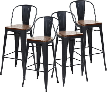 Changjie Furniture 26 Inch Metal Barstools Set of 4 Counter Height Bar Stools Industrial Stools with Backs High Back Chairs for Kitchen Island (26 Inch, Black)