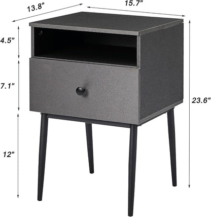 VECELO Modern Wood Night Stand,Square End Table Side Table with Drawer and Storage Space Gray Bedside Table for Bedroom Living Room Office