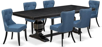 LKSI7-SBB-21-7-Piece Modern Dining Set Consists of a Mid Century Table and 6 Blue Linen Fabric Parson Chairs with Button Tufted Back - Sand Blasting Black Finish