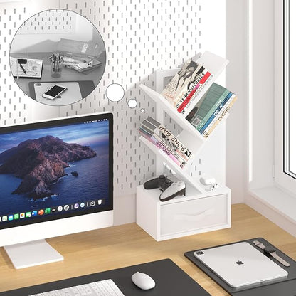 Small Bookshelf with Drawer,4 Tier Tree Book Shelf,Wood Desk Bookshelves,Modern Free Standing Desktop Display Shelves,White Floor Standing Organizer Bookcase for Living Room,Bedroom,Office