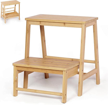 Bamboo Folding Climbing Step Stool, 2 Step Ladder Multi-Functional Stair Chair with Sturdy Structure, Non-Slip Step Pads, Wide Stepping Surface for Safety, Simple Folding Stool for Bathroom, Kitchen