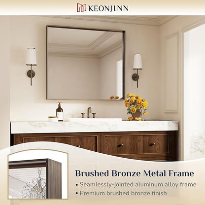 Keonjinn 42 x 36 Inch Brushed Bronze Bathroom Mirror, Rectangle Framed Vanity Mirror for Wall, Large, Modern Farmhouse, Square Corner Bronze Mirrors(Horizontal/Vertical)