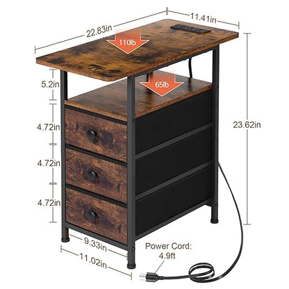 AMHANCIBLE End Tables Living Room with Charging Station, Narrow Side Table with USB Ports and Outlets, Slim Nightstand with 3 Fabric Drawers for Bedroom, Small Space, Rustic Brown, HETN013BR-1