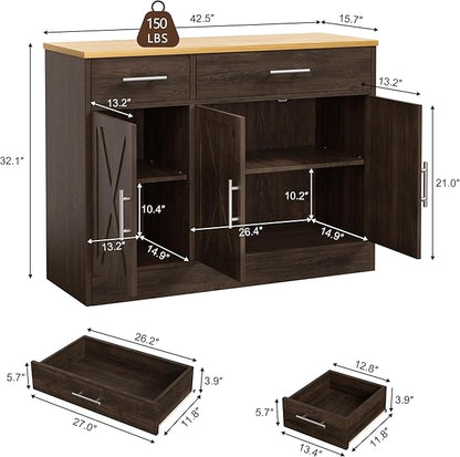 Shintenchi 3 Doors Farmhouse Sideboard Buffet Cabinet,42" Barn Doors Buffet Cabinet with Storage,Wood Coffee Bar Cabinet with Adjustable Shelf for Kitchen,Living Room,Brown