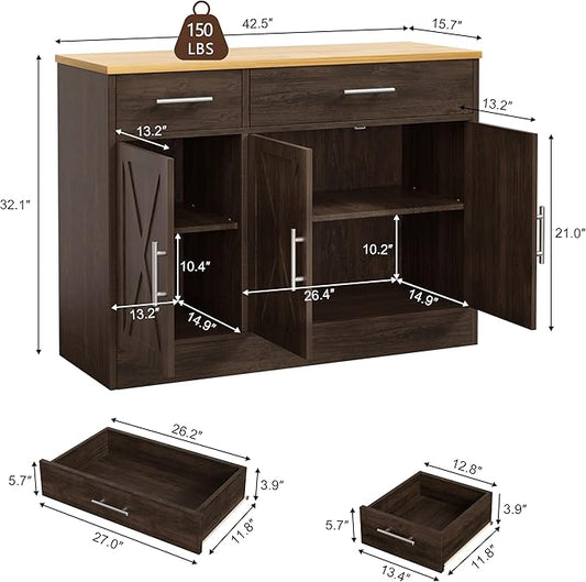 Shintenchi 3 Doors Farmhouse Sideboard Buffet Cabinet,42" Barn Doors Buffet Cabinet with Storage,Wood Coffee Bar Cabinet with Adjustable Shelf for Kitchen,Living Room,Brown