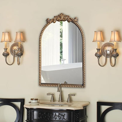 ironsmithn Gold Arched Mirror, 20"x32" Ornate Beaded Frame Mirror, Metal Decorative Accent Mirrors for Fireplace Bedroom Bathroom Living Room Entryway