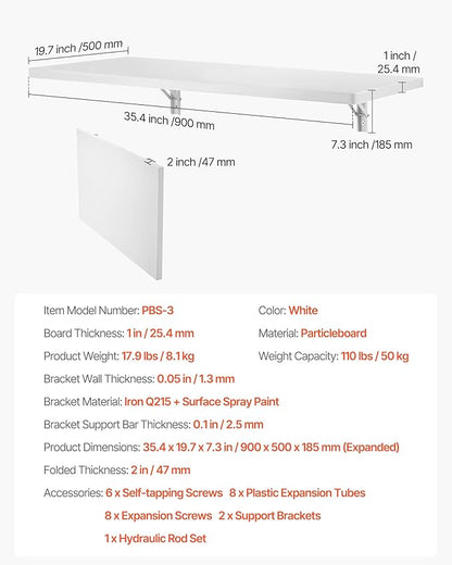 VEVOR Wall Mounted Folding Table, 35.4 x 19.7 inches Wall Mount Table, Floating Desk with Iron Bracket for Small Spaces, Home Office, Dining, Laundry Room, Kitchen, Bar, White