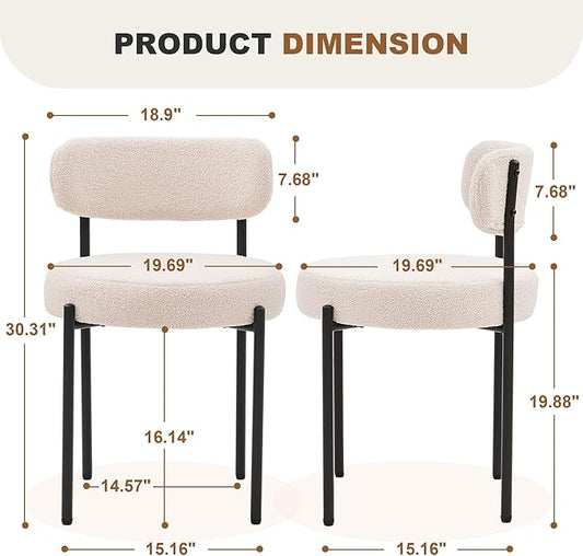 Dining Chairs Set of 4, White Boucle Dining Chair, Curved Backrest Upholstered Dining Room Chairs with Black Metal Legs, Mid Century Modern Dining Chairs for Kitchen, Living Room, White