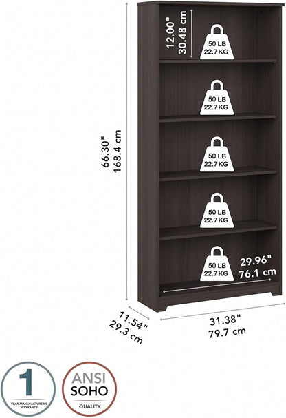 Bush Furniture Cabot Tall 5 Shelf Bookcase | Large Open Bookshelf in Heather Gray | Sturdy Display Cabinet for Library, Living Room, and Home Office