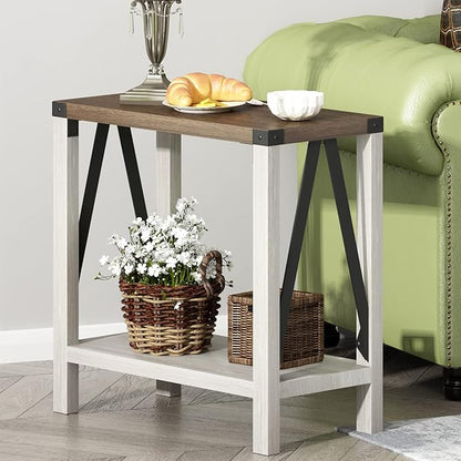 ChooChoo Farmhouse End Table Set of 2, Narrow Side End Table with Storage Shelf, Rustic A-Design Nightstand Sofa Table for Living Room, Bedroom(White&Brown)