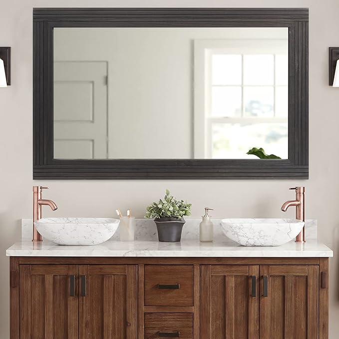 YOSHOOT Hand-Made Wooden Spliced Wall Mirror for Bathroom, Rustic Farmhouse Vanity Mirror, Décor Wall Art, Solid Wood Frame, Vertical or Horizontal Hanging, 53" x 28", Black