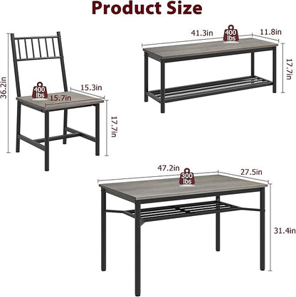 Dining Table Set for 4, Kitchen Table for 4 with Bench and 2 Chairs, 4-Piece Dining Table Set for Apartment, Small Space, Gray