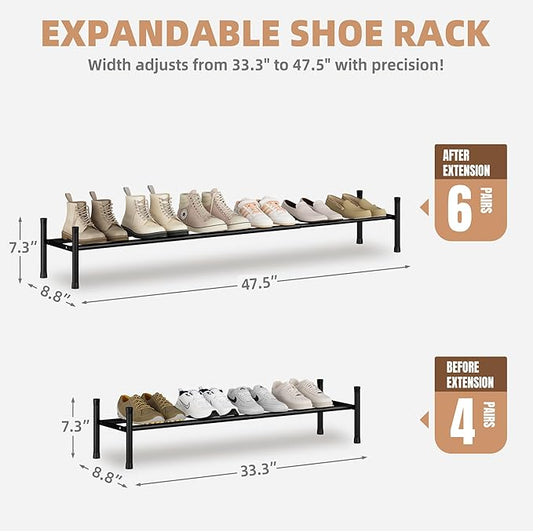 STORAGE MANIAC Long Expandable Shoe Rack, 6 Pairs Metal Wide Stackable Shoe Rack, Adjustable Shoes Shelf, Freestanding Shoes Organizer for Closet, Entryway, Hallway, Garage, Front Door, 1 Tier
