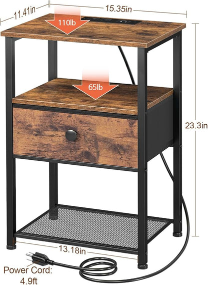 Night Stand Set 2, Nightstand with Charging Station, End Tables Living Room with Fabric Drawer for Small Spaces, Side Tables with Storage Shelf for Bedroom, Rustic Brown HETS010PBR