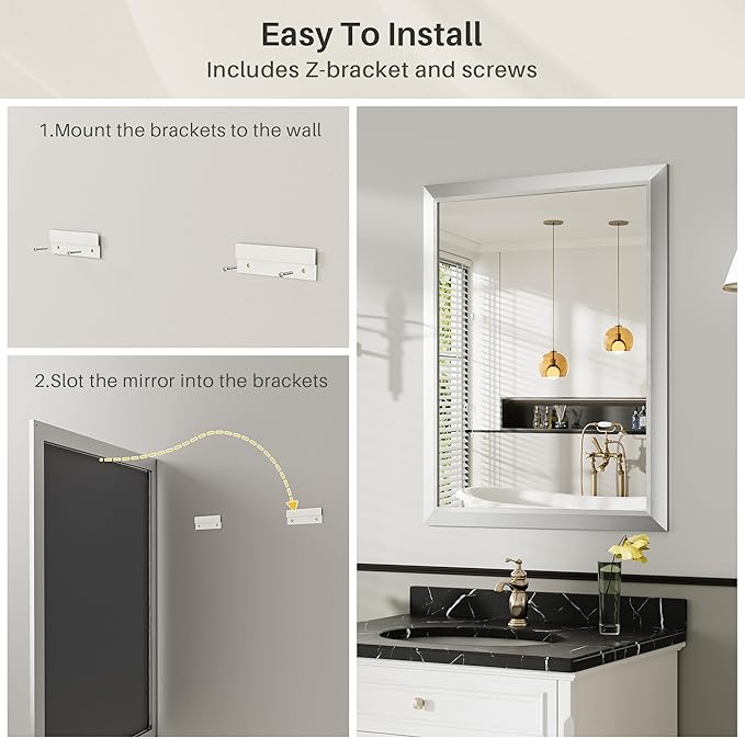 24x32 Inch Silver Bathroom Mirror for Wall, Thick Metal Framed Rectangle Mirrors for Over Sink, Bedroom, Living Room, Entryway, Anti-Rust, HD Tempered Glass