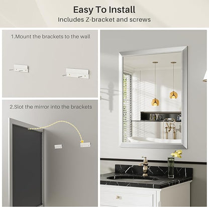 36x32 Inch Silver Bathroom Mirror for Wall, Thick Metal Framed Rectangle Mirrors for Over Sink, Bedroom, Living Room, Entryway, Anti-Rust, HD Tempered Glass
