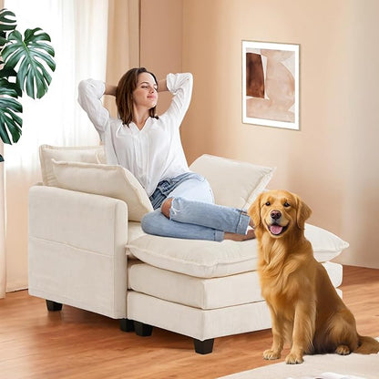 Furniliving Oversized Accent Chair with Ottoman, Luxury Chenille Single Sofa, Upholstered Deep Seat Chaise Lounge with Pillows for Living Room, Bedroom, Apartment, Beige