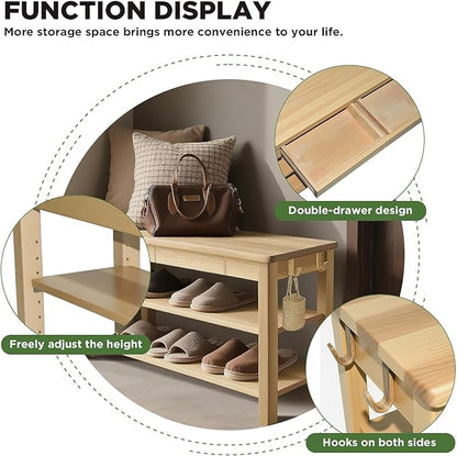 Wood Shoe Bench Entryway with Drawer: 2-Tiers Wooden Storage Shoe Rack with Bench Seat, Compact Mid-Century Modern Design for Entryway, Hallway,Closet,Front Door Entrance,Foyer Natural 43.3"