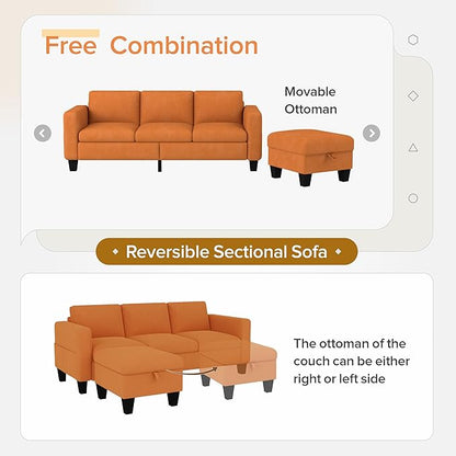 ZeeFu Convertible Sectional Sofa Couch,Classic 3 Seat L-Shaped Sofa Set with Movable Ottoman, Modern Orange Velvet Upholstered Small Sectional Sofa Couch for Small Space Apartment Living Room Office