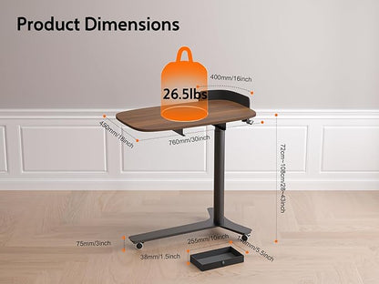 Pneumatic Mobile Standing Desk with Drawer, 28"-43" Height Adjustable, Rolling Desk with Leather Fence & 360° Wheels, for Home/Office (Left/Right Convertible), Dark Walnut