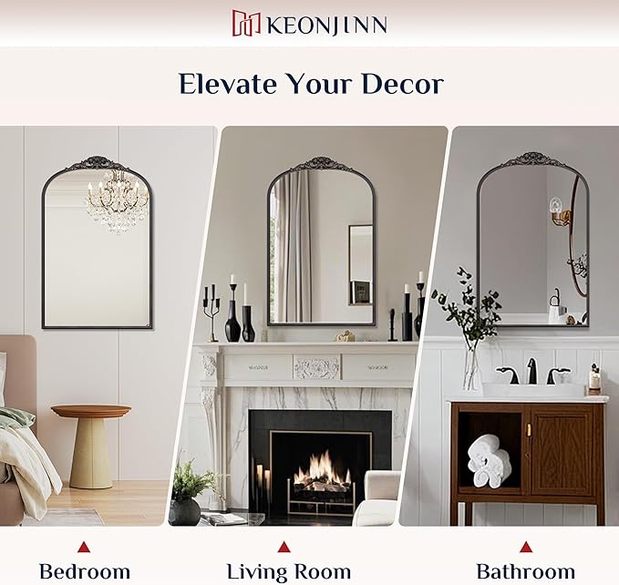 Keonjinn Vintage Mirror 40" x 30", Large Black Antique Mirror with Metal Frame, Ornate Arched Mirrors for Wall, Baroque Decoration for Mantle, Bathroom, Living Room, French Cleat Mounting