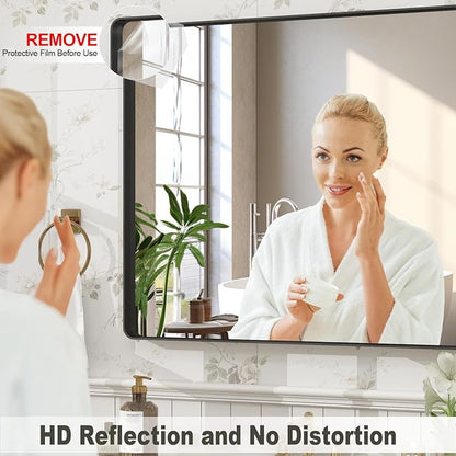 32x36 Inch Black Framed Bathroom Mirror for Wall, Matte Black Metal Frame Vanity Mirror, Rounded Corner Rectangle Bathroom Mirror, Anti-Rust, Shatterproof (Horizontal/Vertical)