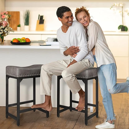Counter Height Bar Stools Set of 3, Stools for Kitchen Island Set of 3, 24 Inch Counter Stool Saddle Backless Barstools for Kitchen Counter -Grey