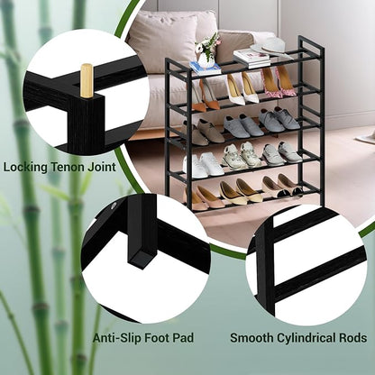 Haddockway Bamboo Shoe Rack for Closet, Free Standing Shoe Organizer with Smooth Round Rods & Convenient Handles, Stackable Shoe Storage Shelf for Entryway, Hallway(Brown, 5-Tier)