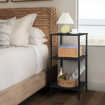 Tall Side Table with Storage 3 Tier Black End Table Metal Storage Shelves for Living Room Bedroom Bathroom Small Slim Table for Office