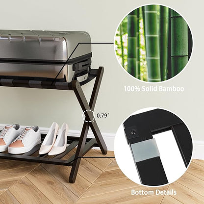 2 Pack Fully Assembled Black Bamboo Luggage Racks with Shoe Shelf, 5 Straps Folding Suitcase Stand, Heavy Duty Luggage Holders for Guest Room, Bedroom, Hotel