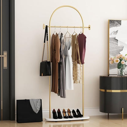 Gold Clothing Rack, Modern Clothes Rack with Shelf, Heavy Duty Freestanding Coat Rack, Metal Coat Hanger Stand with Hooks for Boutique Office