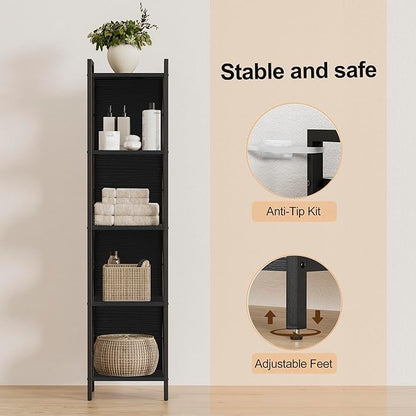 Homhedy 5 Tier Bookshelf Bookcase, Tall Narrow Bookshelf for Small Space, Metal Storage Shelves with Back Panel, for Home Office, Living Room, Kitchen, Bedroom, Industrial Style, Black