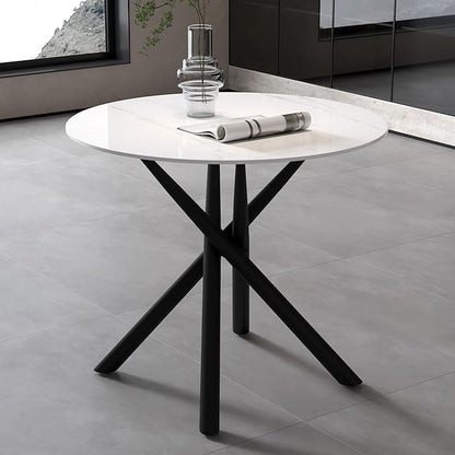 White Marble Round Dining Table with Black Metal Legs, 32 in Modern Sintered Stone Kitchen Table Circle Table for Dining Room Kitchen