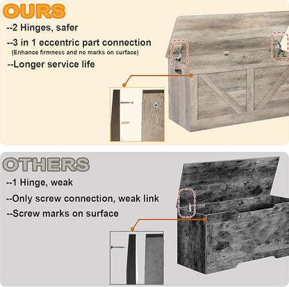 39.4" Storage Chest, Wooden Storage Bench, Large Storage Trunk with 2 Safety Hinges, Entryway Shoes Bench for Living Room, Bedroom, Grey