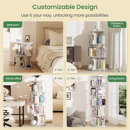 Rotating Bookshelf, 5 Tier Spinning Bookshelf Tower, Corner Revolving Storage Rack for Bedroom, Study Room, Kids Room, Living Room, Office (White, 5 Tier)